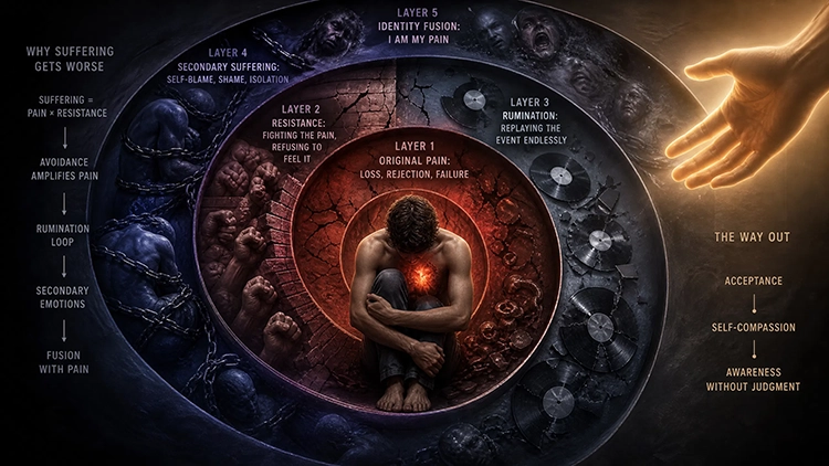 The Anatomy of Suffering: Why Resisting Emotional Pain Turns Hurt into SufferingEvery human life is eventually disrupted by acute pain. A sudden bereavement, the quiet dissolution of a relationship, a severe medical diagnosis, or chronic financial strain—these events arrive without warning and dismantle our assumptions about security and predictability.When deep sadness or loss strikes, our default psychological reflex is resistance. We attempt to push the feeling away, intellectualize it, predict its future trajectory, or drown it out with relentless distraction. Yet clinical psychology and cognitive neuroscience reveal a counterintuitive truth: the energy spent trying to avoid emotional pain is precisely what transforms temporary hurt into long-term psychological suffering.To navigate profound grief and sadness without breaking, we must understand the precise mechanism of emotional pain—and how changing our relationship to internal discomfort alters our brain's physical response to it.Pain Versus Suffering: The Alchemical EquationIn cognitive behavioral therapies and contemplative science, a crucial distinction exists between pain and suffering.Primary Pain: The raw, unavoidable visceral and emotional impact of a difficult event (loss, rejection, physical injury).Secondary Suffering: The psychological narrative, panic, future projection, and self-judgment generated by the brain in response to the primary pain. [ Unavoidable Life Event ] │ ▼ [ PRIMARY PAIN ] (Raw Emotion / Bodily Sensation) │ ├──► Strategy A: RESISTANCE & RUMINATION │ │ │ ▼ │ [ Amplified Threat Signal ] │ │ │ ▼ │ [ SECONDARY SUFFERING ] (Prolonged Distress) │ └──► Strategy B: SOMATIC PRESENCE (Mindfulness) │ ▼ [ Vagal De-escalation ] │ ▼ [ NATURAL EMOTIONAL PROCESSING ] This relationship is encapsulated in the foundational psychological framework:$$\text{Suffering} = \text{Pain} \times \text{Resistance}$$When Resistance is zero—meaning an individual fully acknowledges the reality of the primary pain without judgment or panic—suffering scales down to the baseline level of the pain itself. However, when resistance is high, even moderate emotional discomfort is multiplied into chronic existential distress.The Neural Loop of Emotional AvoidanceWhy does resisting pain make it worse? The answer lies in how the brain processes emotional threats.When you experience sadness, the amygdala signals distress. If your conscious mind reacts to this internal feeling with fear ("I can't handle this," "This will destroy me," "Why is this happening to me?"), the brain interprets your own emotional state as an external danger.┌────────────────────────────────────────────────────────────────────────┐ │ THE SECONDARY THREAT RECURSION │ ├────────────────────────────────────────────────────────────────────────┤ │ 1. Initial Pain Signal ──► Amygdala Activation │ │ 2. Resistance Narrative ──► Prefrontal Threat Interpretation │ │ 3. Secondary Alarm ──► Sympathetic Nervous System Triggered │ │ 4. Amplified Distress ──► Increased Amygdala Reactivity │ └────────────────────────────────────────────────────────────────────────┘ This creates a recursive feedback loop: you become anxious about your sadness, or enraged by your grief. The brain mobilizes the sympathetic nervous system, flooding your bloodstream with cortisol and adrenaline. What began as a natural, time-limited wave of sadness becomes a prolonged, exhausting state of hyperarousal.Experiential Avoidance: The phenomenon that occurs when a person is unwilling to remain in contact with particular private experiences (bodily sensations, emotions, thoughts) and takes steps to alter the form or frequency of these events, paradoxically increasing their long-term intensity.Temporal Catastrophizing: The Fear of the Unseen FutureWhen we encounter acute loss, the conscious mind rarely stays in the present moment. Instead, it engages in temporal catastrophizing—projecting current distress infinitely into the future.The mind asks: "How will I survive next month? How will I bear this five years from now? Will I ever feel happy again?" Current Moment Pain (Manageable) + Projected Infinite Future (Overwhelming) ────────────────────────────────────────────────────────────────────────────── = Acute Panic & Structural Paralysis The human nervous system is designed to process the physiological burden of right now. It is completely unequipped to carry the weight of ten years of anticipated grief simultaneously.The Present-Moment AnchorWhen emotional overwhelm hits, shifting the cognitive perspective from global future projections to micro-present realities alters the brain's threat assessment:Global / Future Focus (Panicking): "I will never recover from this loss."Micro-Present Focus (Grounded): "Can I sit in this chair and take the next breath right now?"Asking "Is the physical sensation in my body tolerable for the next 30 seconds?" shifts neurological processing from the narrative-focused Default Mode Network (DMN) to the sensory-focused Insula and Somatosensory Cortex, immediately lowering panic levels.De-Escalating Emotional Shock: Somatic Circuit BreakersWhen pain reaches an acute peak—causing physical tightness, shallow breathing, or hyperventilation—cognitive reasoning becomes temporarily ineffective. The executive centers of the prefrontal cortex are offline. Balance must be restored using bottom-up somatic interventions:┌─────────────────────────────────────────────────────────────────────────┐ │ SOMATIC DE-ESCALATION PROTOCOL │ ├──────────────────────────┬──────────────────────────────────────────────┤ │ 1. Rhythmic Exhalation │ Lengthen exhales (e.g., 4s in, 8s out) │ │ │ to engage the parasympathetic vagal brake. │ ├──────────────────────────┼──────────────────────────────────────────────┤ │ 2. Somatic Anchoring │ Place a warm hand on the center of the chest │ │ │ or arms to trigger endogenous oxytocin. │ ├──────────────────────────┼──────────────────────────────────────────────┤ │ 3. Peripheral Expansion │ Soften focus to include wide visual fields, │ │ │ disengaging panic-induced tunnel vision. │ └──────────────────────────┴──────────────────────────────────────────────┘ 1. Parasympathetic Vagal EngagementThe fastest physiological method to signal safety to the brainstem during emotional shock is controlled exhalation. Lengthening the exhale relative to the inhale lowers the heart rate via the vagal nerve, counteracting the sympathetic freeze-or-flight response.2. Self-Soothing Touch and OxytocinTactile pressure on the chest or upper arms stimulates cutaneous mechanoreceptors, sending signals to the insular cortex that mimic safe social proximity. This subtle touch prompts a minor release of oxytocin, mitigating the neurochemical impact of isolation.Attention Shifting vs. Emotional SuppressionThere is a critical distinction between healthy attentional restoration and toxic emotional suppression. [ EMOTIONAL PAIN ARRISES ] │ ┌──────────────────────────┴──────────────────────────┐ ▼ ▼ [ TOXIC SUPPRESSION ] [ HEALTHY RESTORATION ] • Denial of emotion • Acknowledges pain first • Panic-driven distraction • Conscious, intentional break • Goal: Destroy the feeling • Goal: Give nervous system rest │ │ ▼ ▼ [ Chronic Tension & Rebound ] [ Autonomic Recalibration ] Suppression says: "I must not feel this. I am going to binge-watch television or work continuously so this emotion vanishes." The feeling remains trapped in the body, driving background anxiety.Restoration says: "I acknowledge that I am deeply sad right now. I have sat with this feeling for twenty minutes. Now, I am going to listen to music or walk in nature to give my nervous system a temporary rest before returning to process it."Intentional breaks do not deny pain; they prevent allostatic overload, allowing working memory and nervous system reserves to regenerate.Transforming Pain into Psychological FlexibilityGrief, sadness, and pain are not signs of a broken mind; they are indicators of an intact human capacity to value, connect, and care. The goal of psychological processing is not to become immune to suffering, but to develop psychological flexibility—the capacity to remain present with uncomfortable internal sensations while living aligned with one's core values.By ceasing the war against your own internal states, dropping the narrative of future panic, and utilizing somatic tools to anchor yourself in the present, pain ceases to be a destructive vortex. It becomes what it was always evolutionarily designed to be: a temporary, passing wave in the vast geography of the human mind.